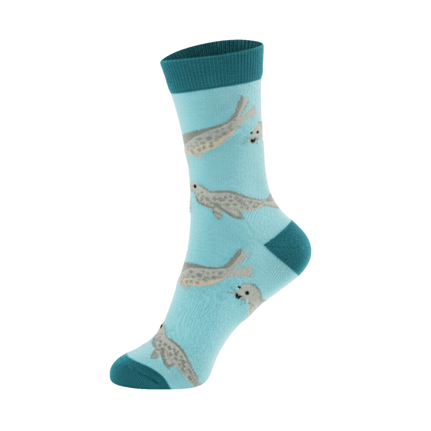 blue socks with seal pattern on a light blue background