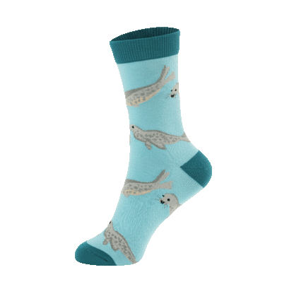 blue socks with seal pattern on a light blue background