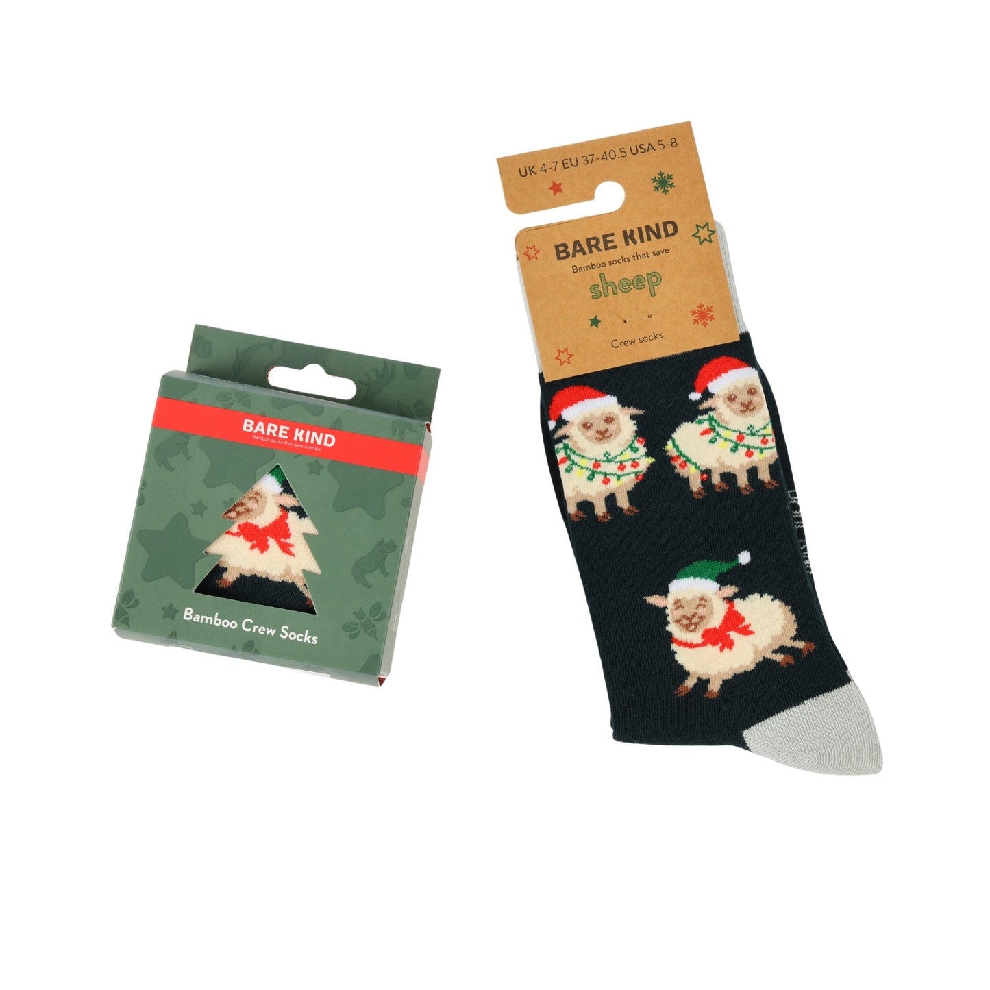 Bare Kind bamboo crew socks with a Christmas sheep print, shown both in their green packaging box and hanging from a cardboard hanger.