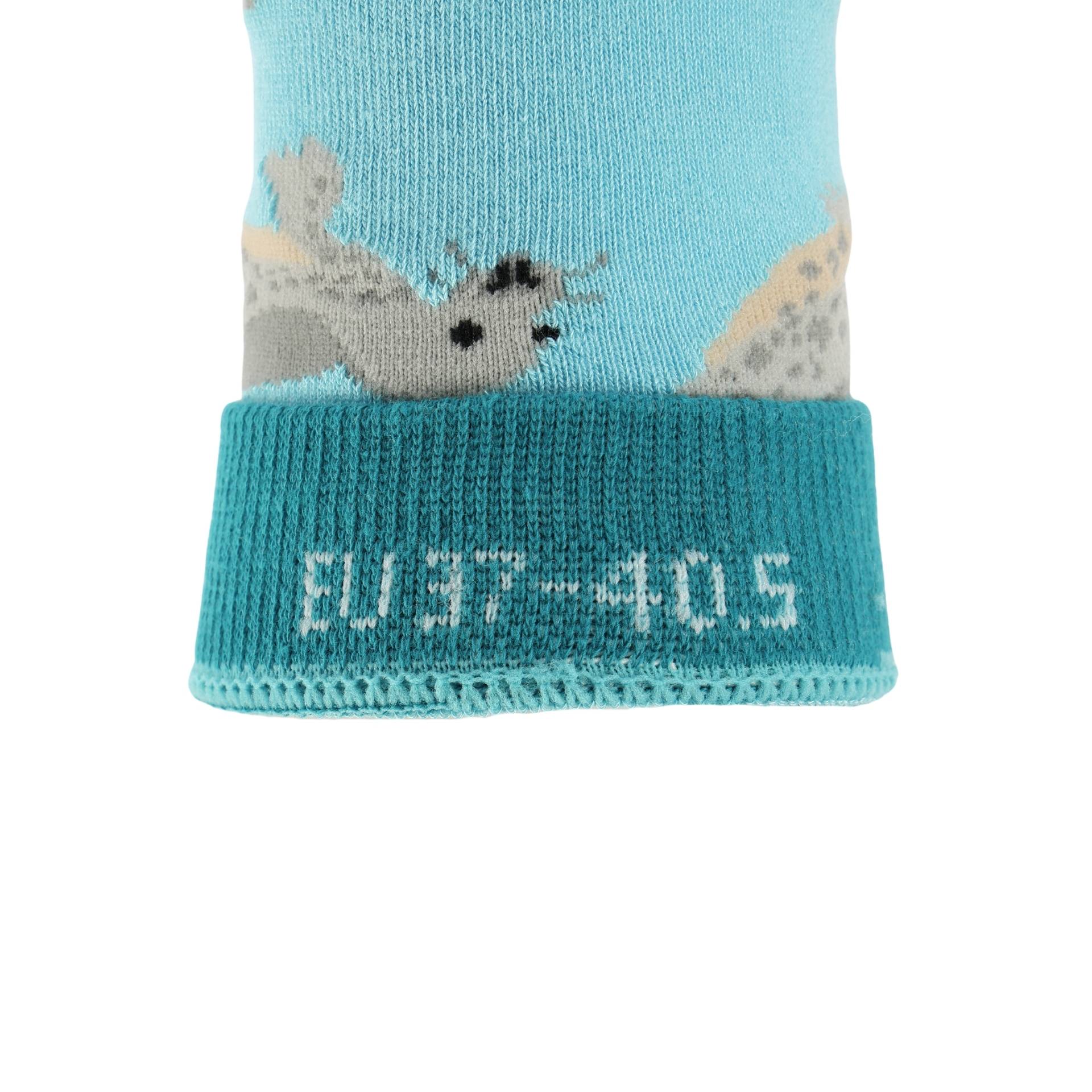 blue socks with seal pattern and size in the cuff