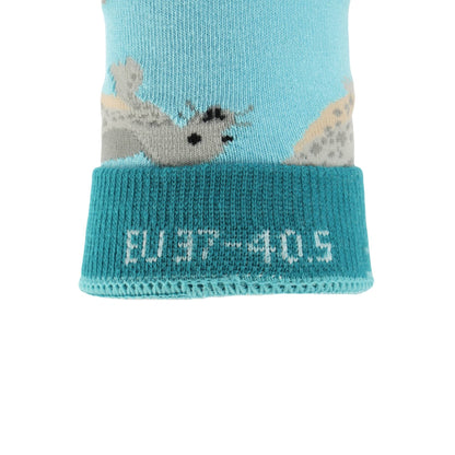 blue socks with seal pattern and size in the cuff