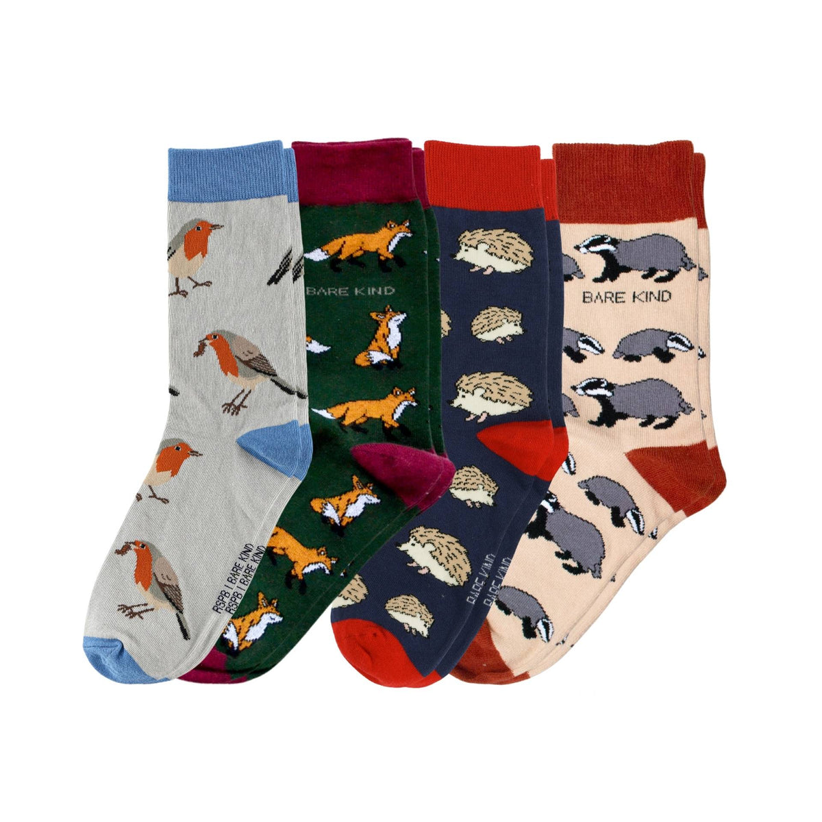 Four pairs of novelty crew socks with animal illustrations, displayed overlapping on a solid white background.