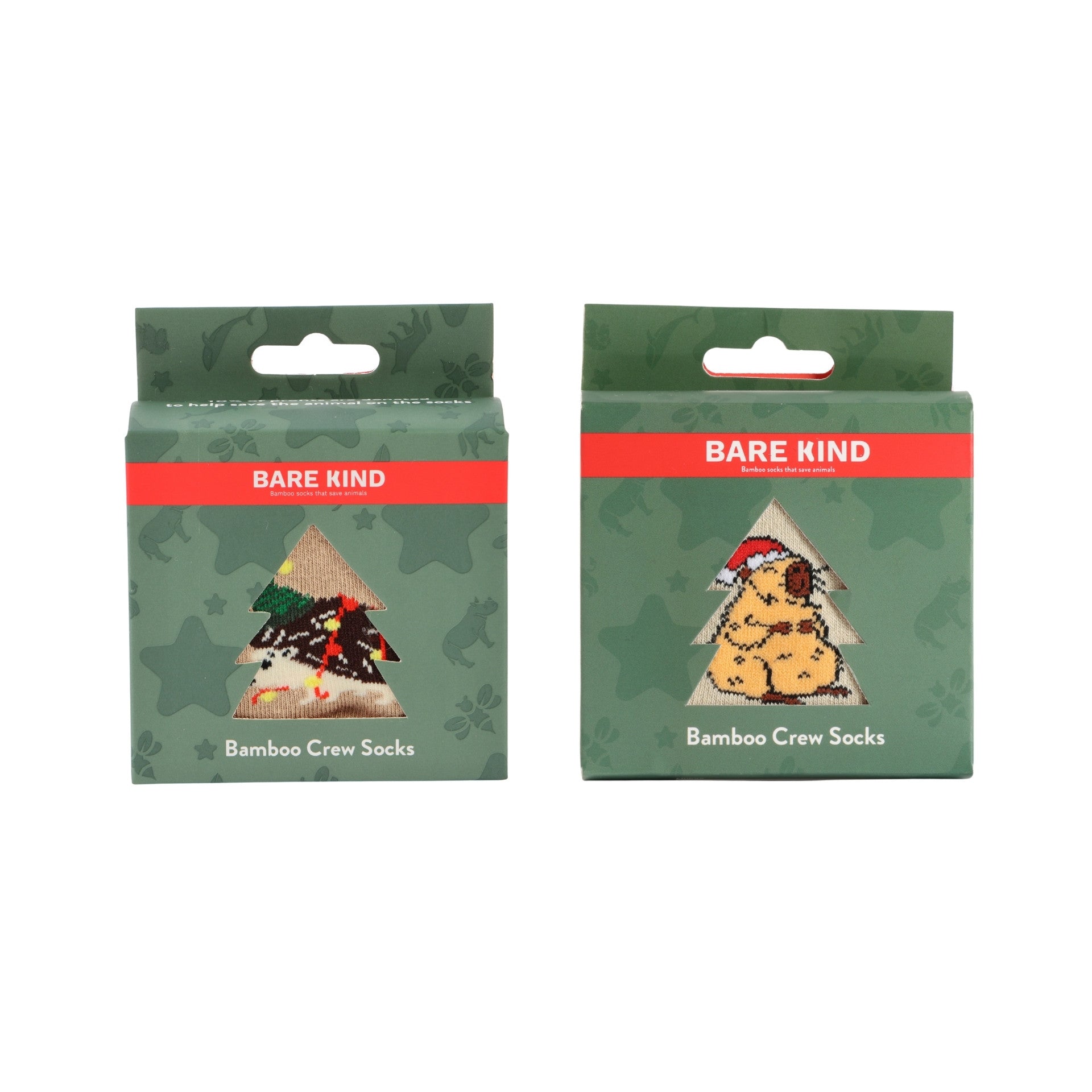 Two packages of Bare Kind Bamboo Crew Socks shown side by side on a plain white background. The packaging is dark green with a red band and an illustration of a bamboo tree.