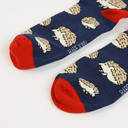 Navy socks with beige hedgehog pattern and red toes on a white background