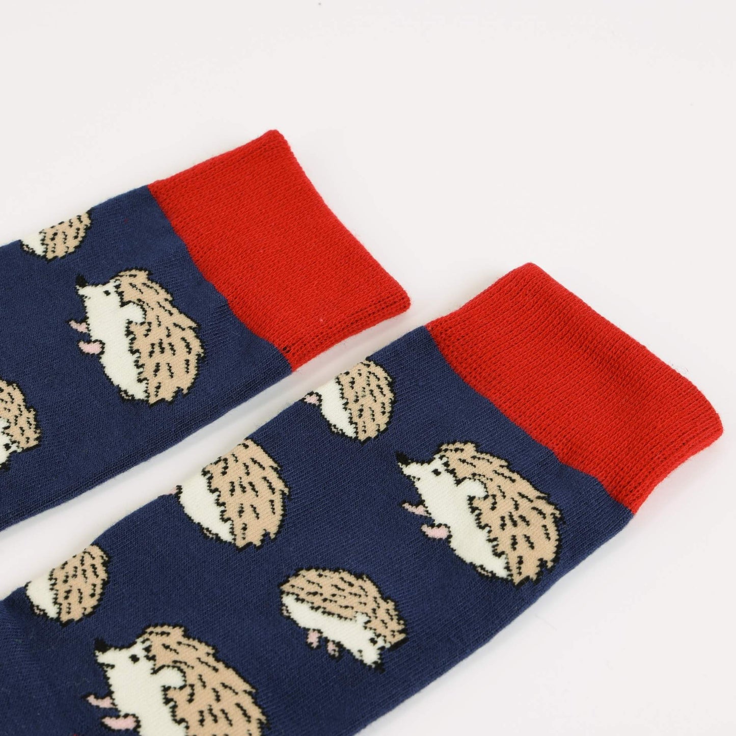 Pair of socks with hedgehog pattern and red cuffs on a white background