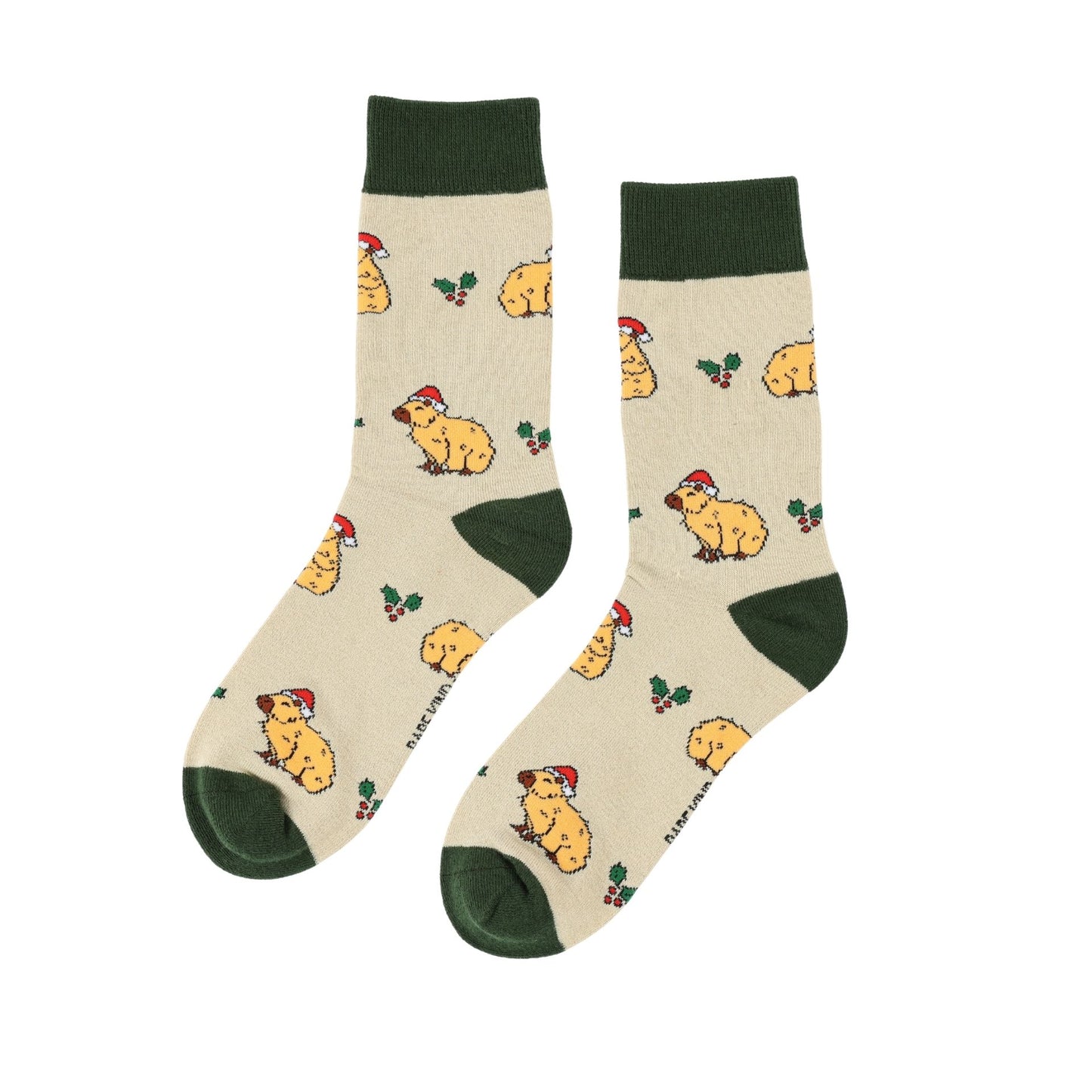 Pair of capybara socks on a beige background
