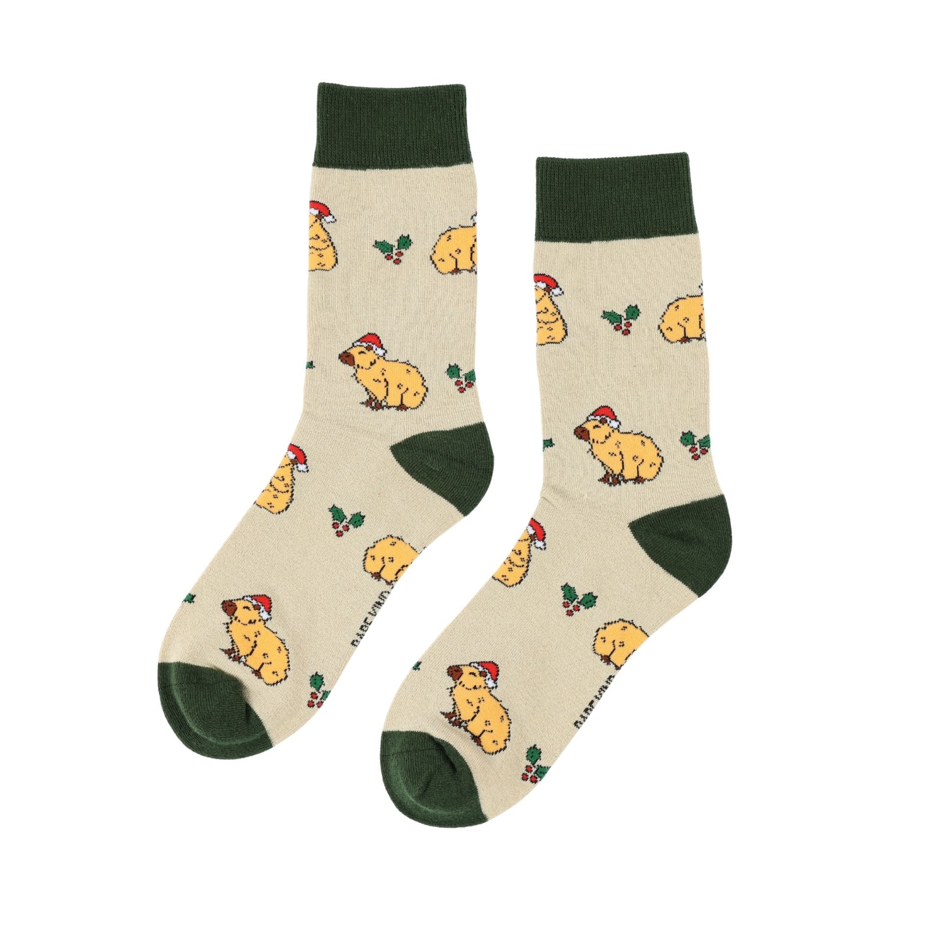Pair of capybara socks on a beige background