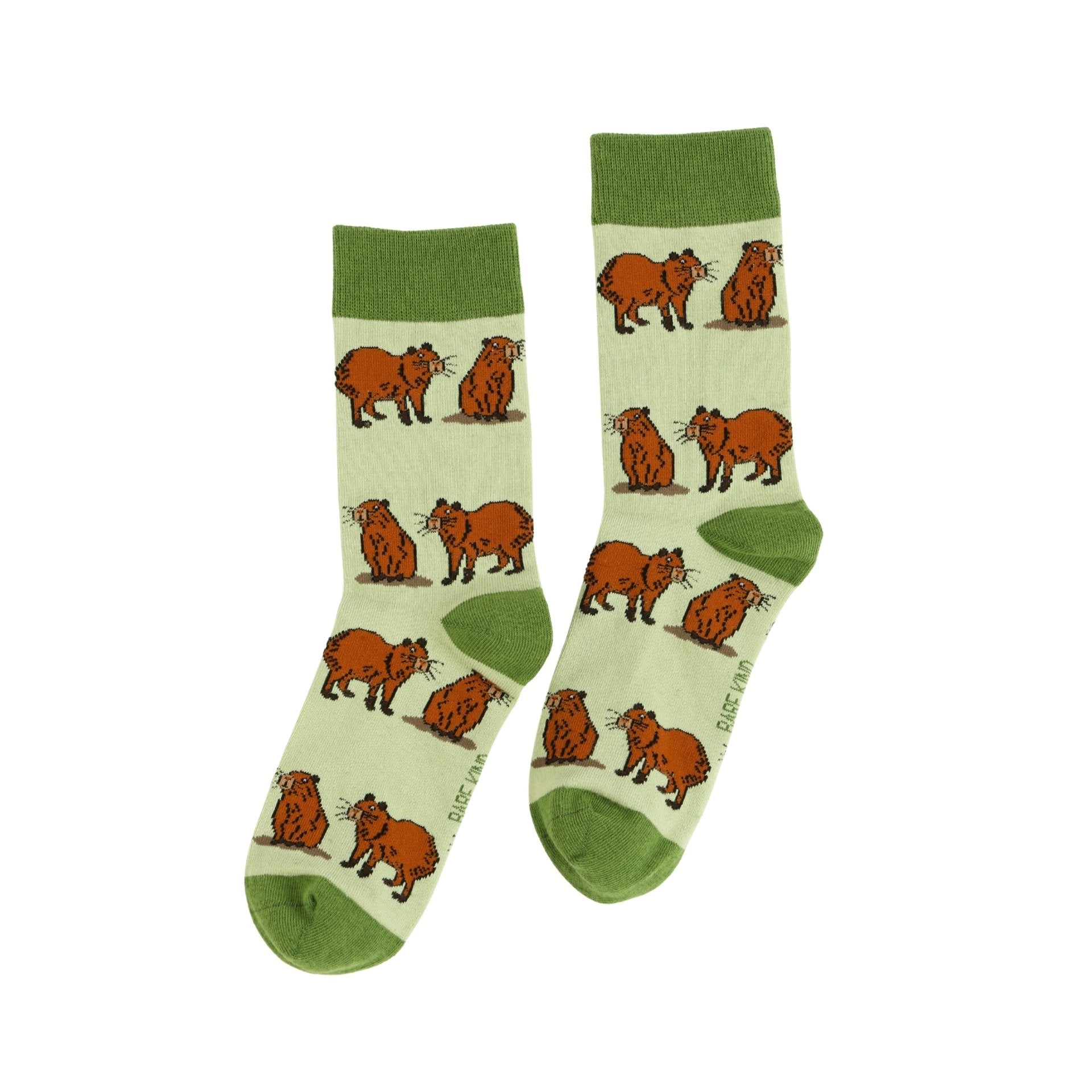 Pair of green capybara bamboo socks on a white background