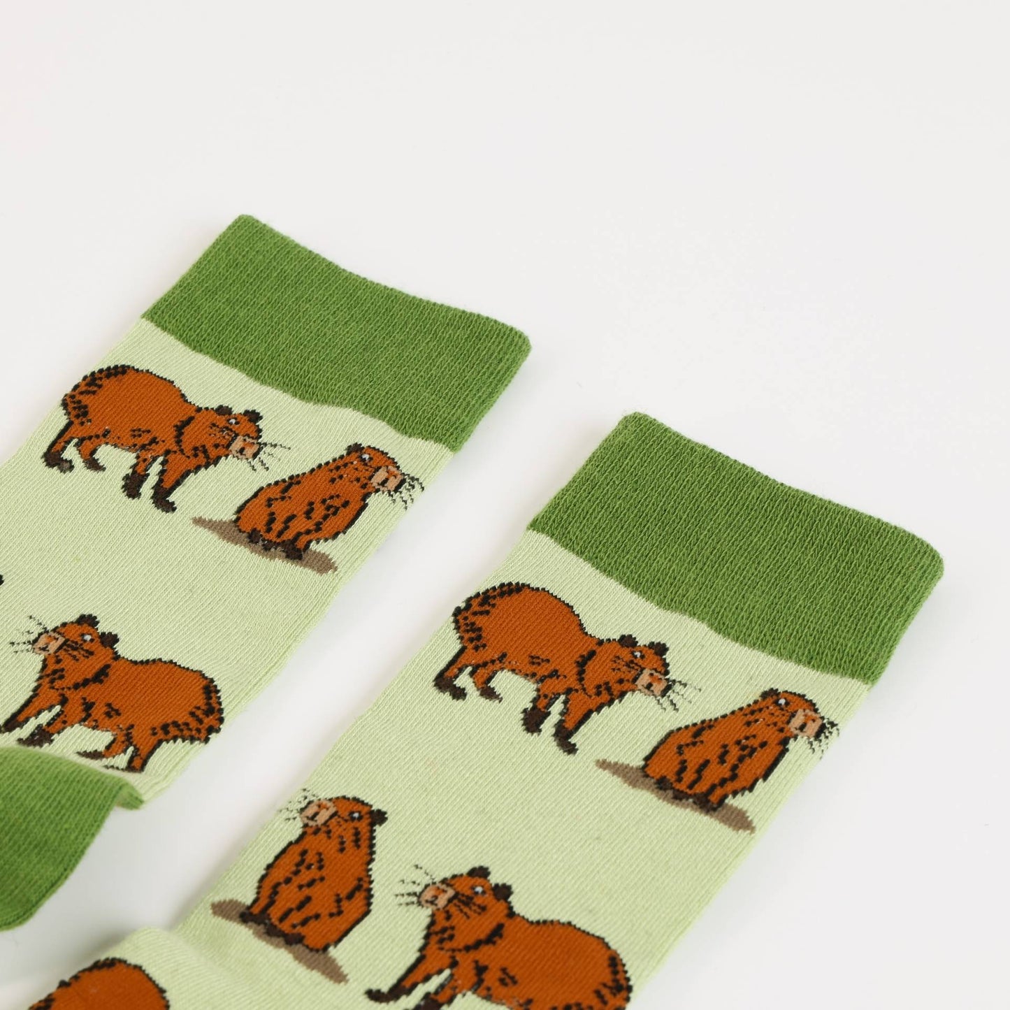 Pair of  green capybara bamboo socks on a white background