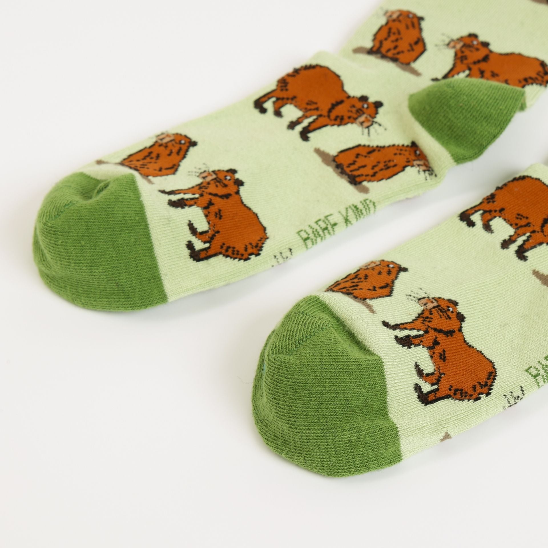 Pair of  green capybara bamboo socks on a white background