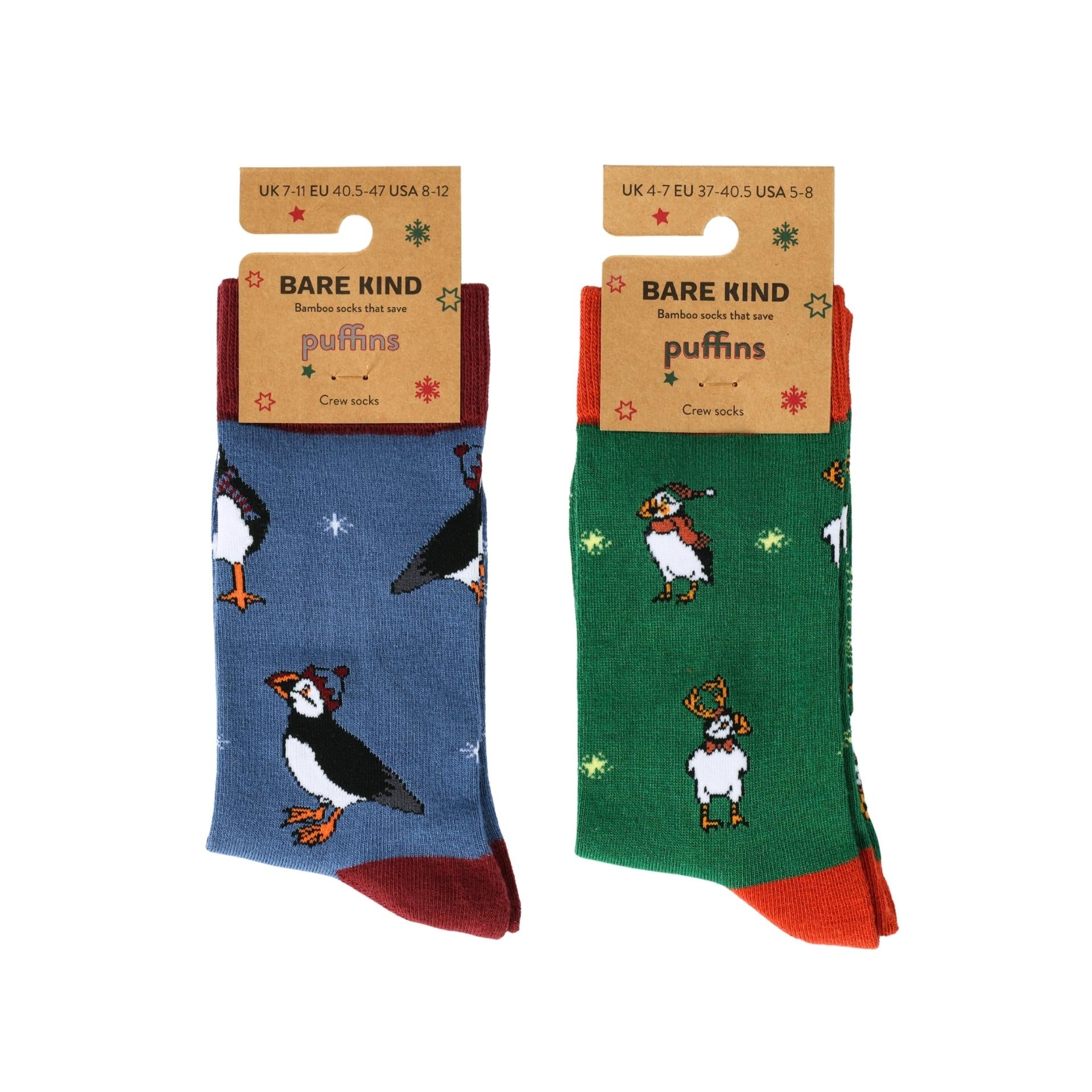Two pairs of socks with puffin design, one blue and one green, on a white background.