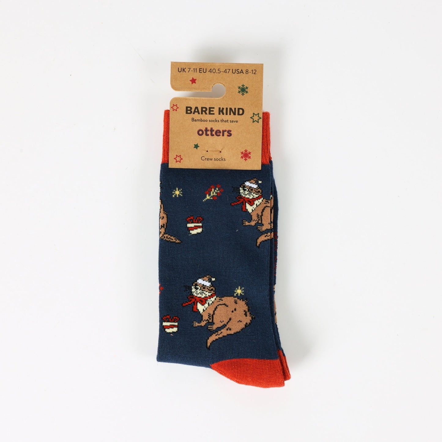 Navy blue socks with otter designs and red accents, featuring a Bare Kind label.