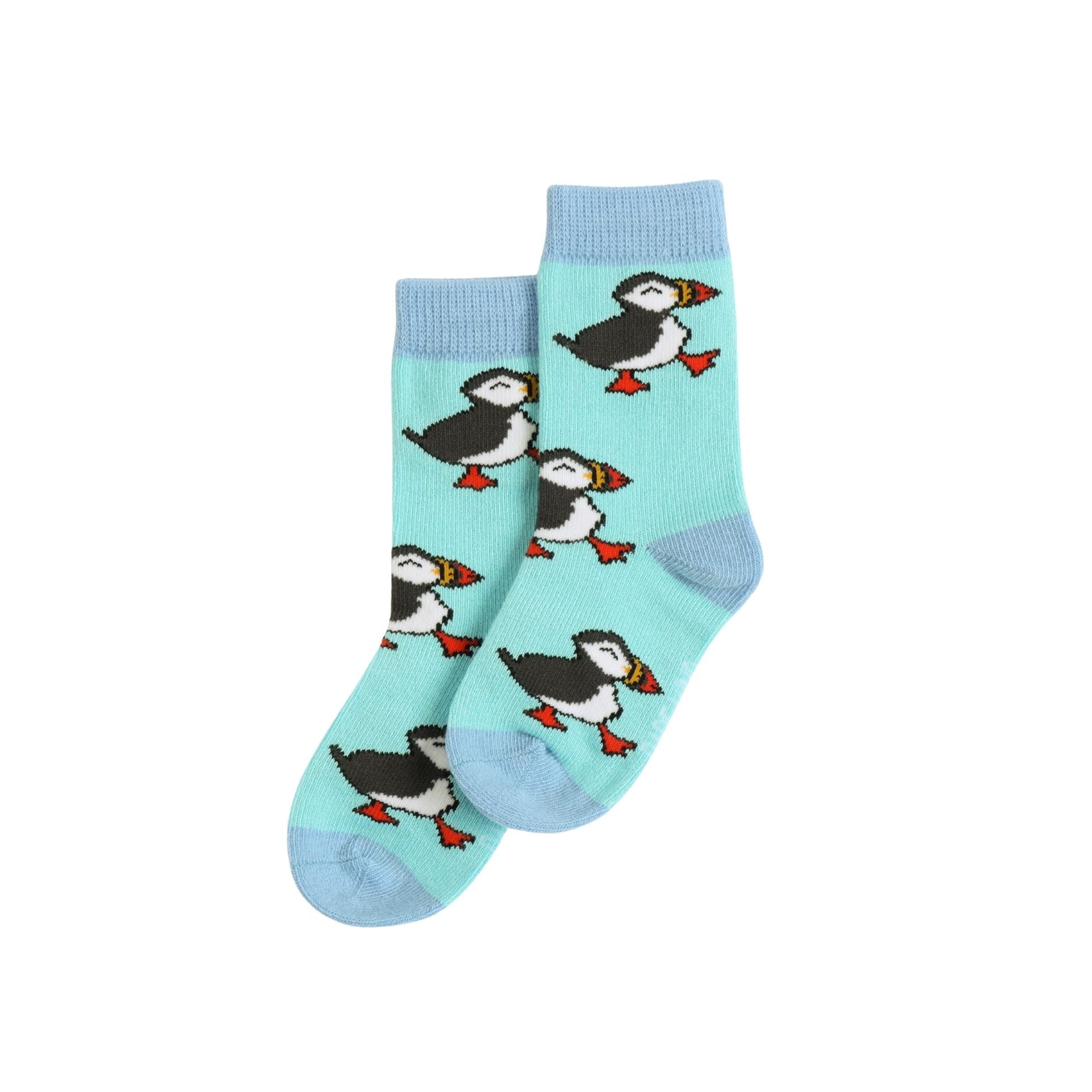 Pair of socks with puffin design on a light background