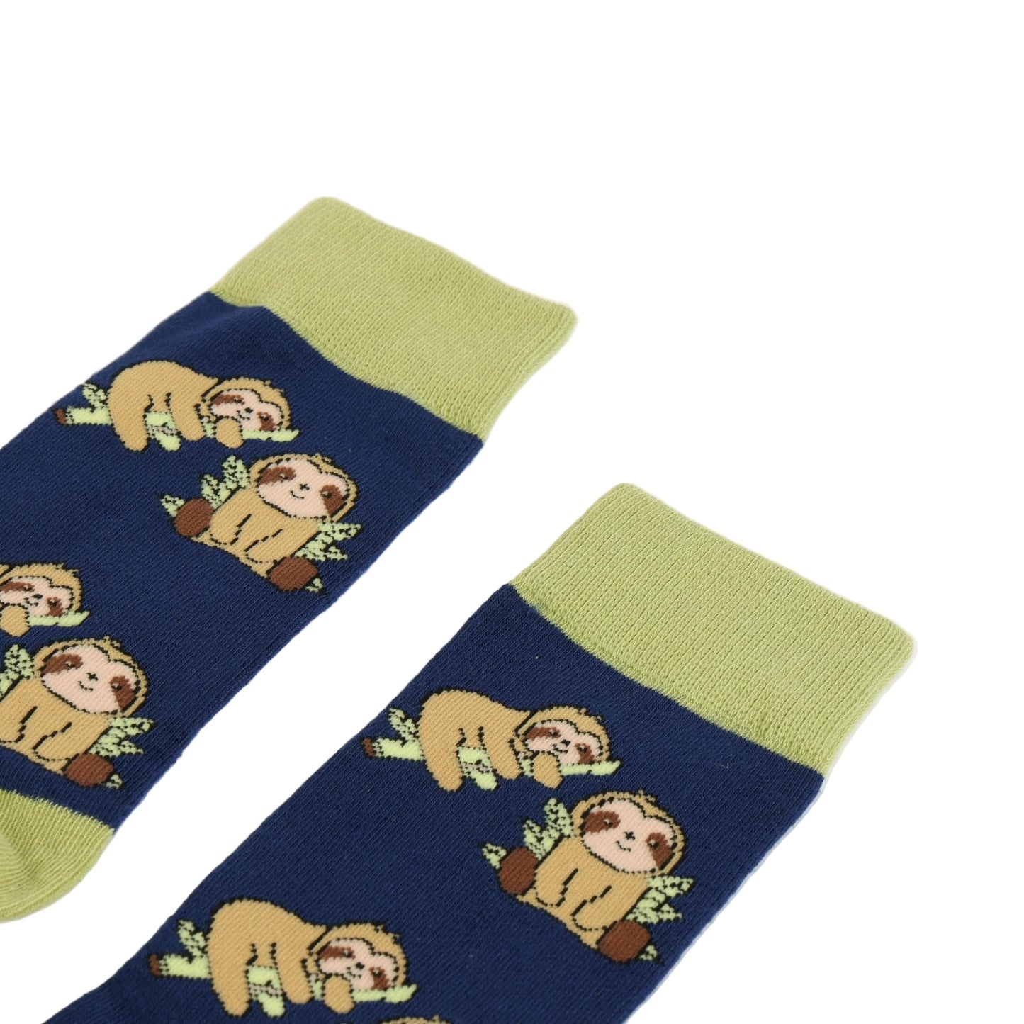 Pair of socks with sloth design on a white background