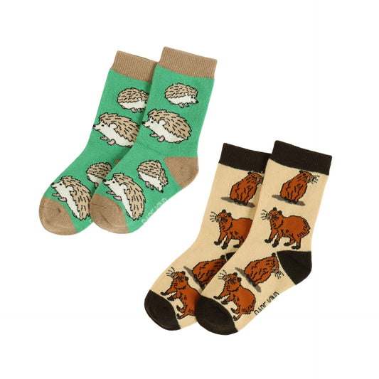 Two pairs of hedgehog and capybara socks on a white background