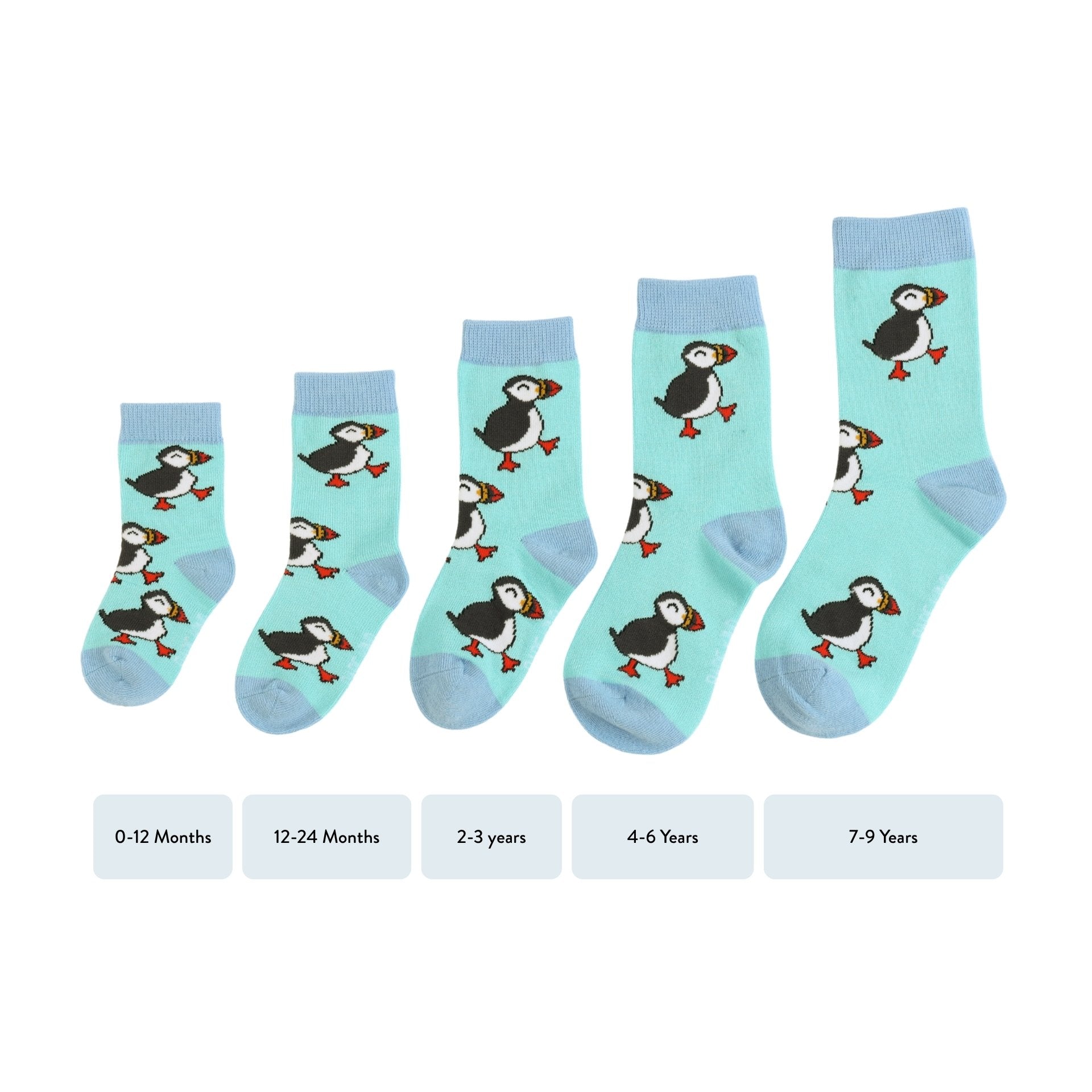 Set of children's socks with puffin design on a light blue background, with size labels below.