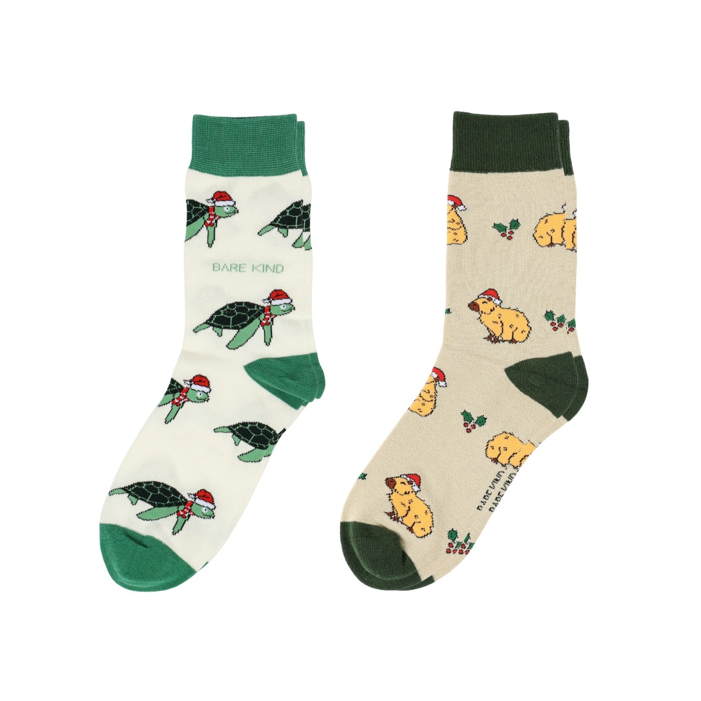 Two pairs of socks with animal patterns on a white background