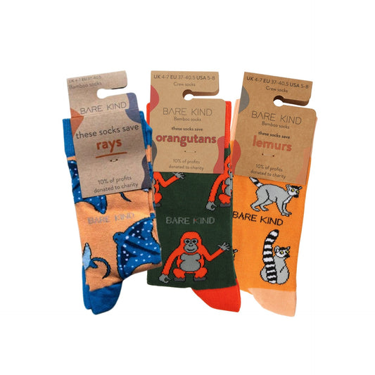 Packaging flat lays of orange Lemur, Ray & Orangutan bamboo socks