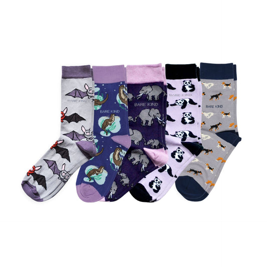 flat lays of 5 purple bamboo socks