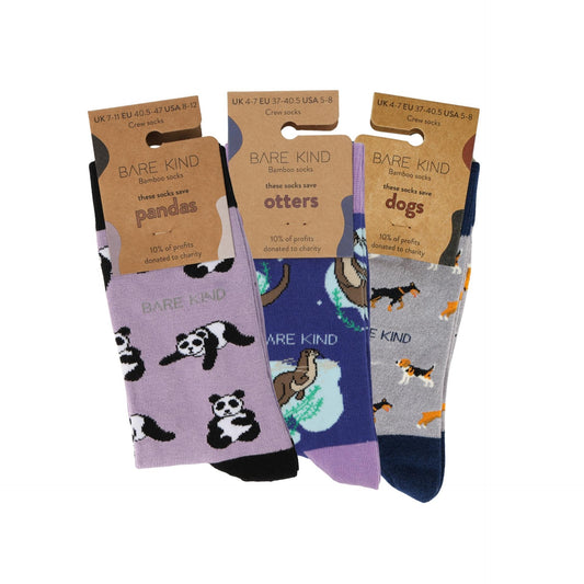 Packaging flat lays of purple Panda, sport otter & purple dog bamboo socks