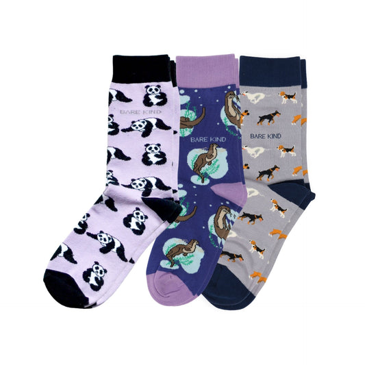 flat lays of purple Panda, sport otter & purple dog bamboo socks