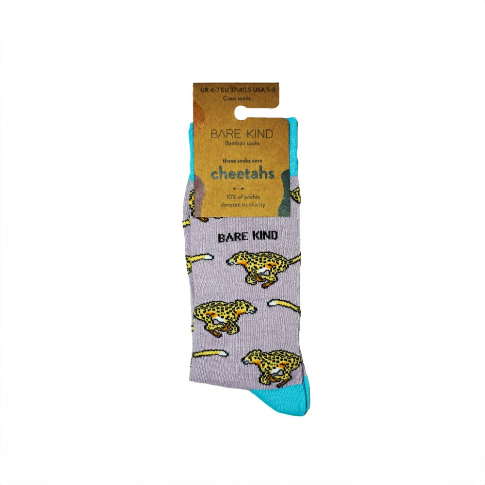 cheetah bamboo socks in 100% recyclable packaging