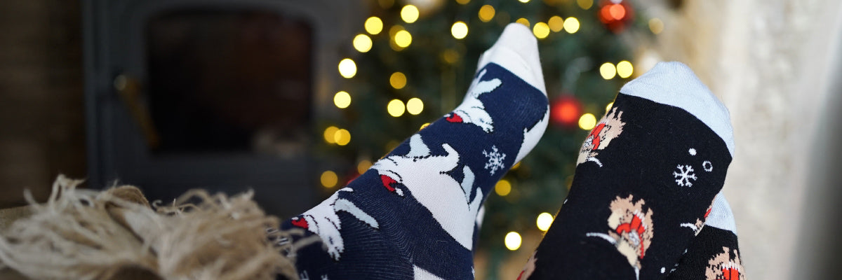 people wearing blue polar bear and black highland cow bamboo socks in front of Christmas tree