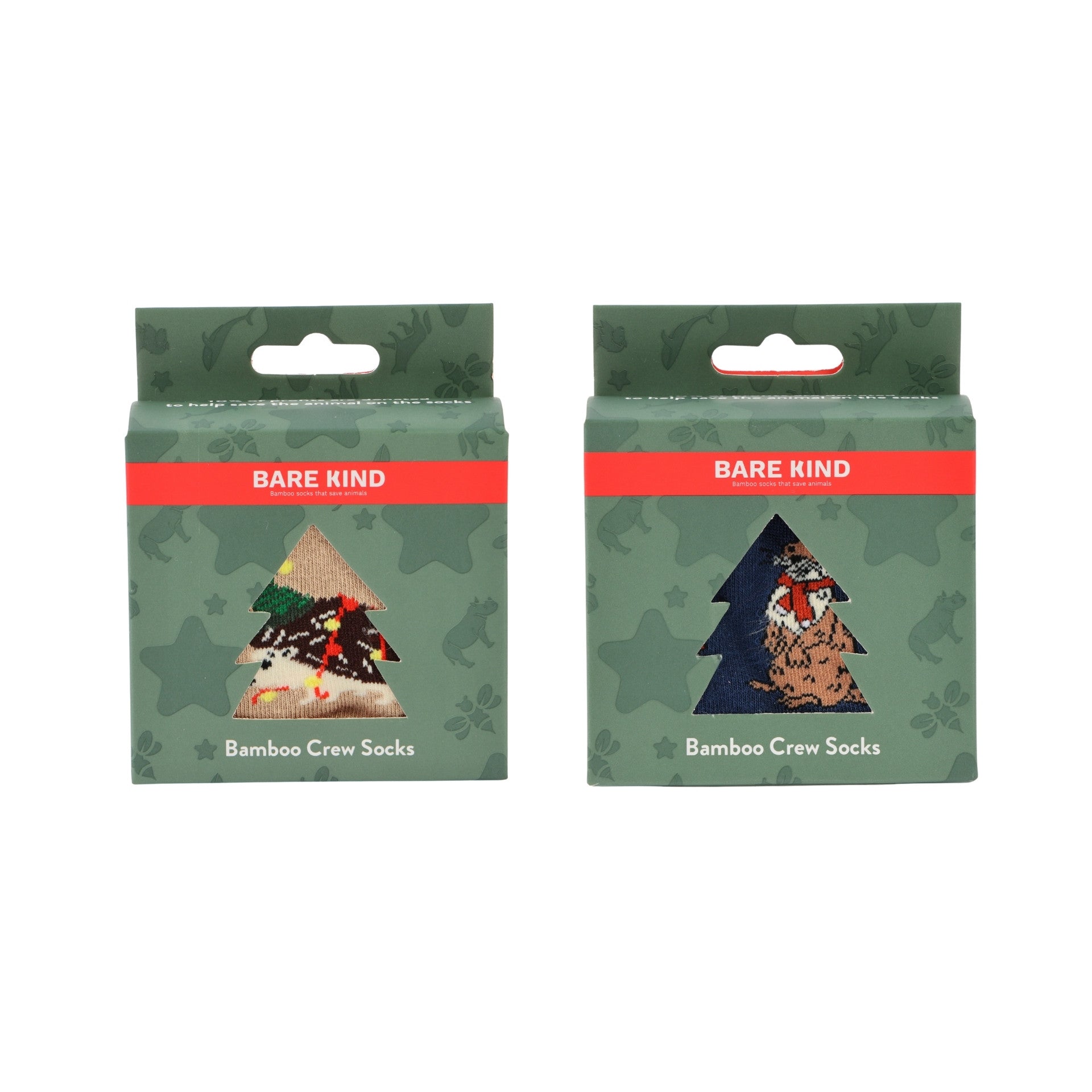 Two packages of Bare Kind Bamboo Crew Socks shown side by side on a plain white background. The packaging is sage green with a red band and a tree-shaped graphic showing the socks inside.