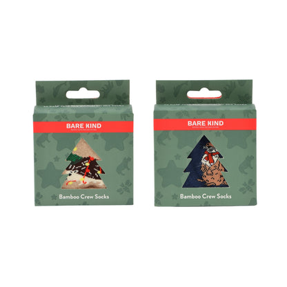 Two packages of Bare Kind Bamboo Crew Socks shown side by side on a plain white background. The packaging is sage green with a red band and a tree-shaped graphic showing the socks inside.