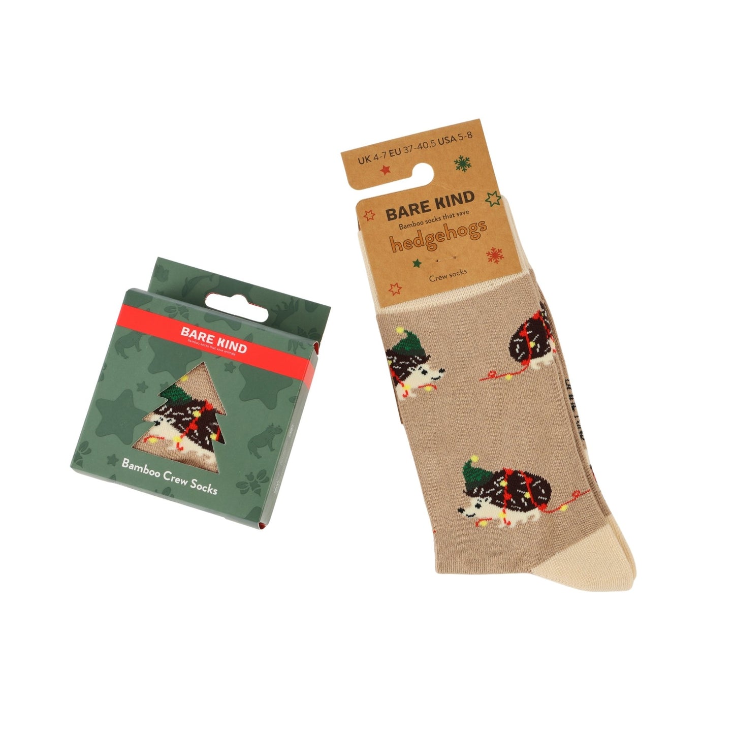 A pair of Bare Kind bamboo crew socks with a hedgehog pattern, shown next to their green packaging box on a plain white background.