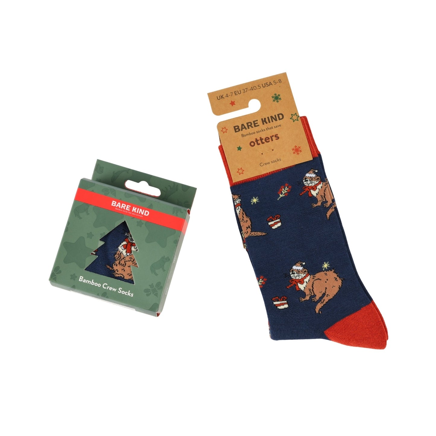A pair of Bare Kind Christmas crew socks with a otter pattern, shown next to their green packaging box on a white background.