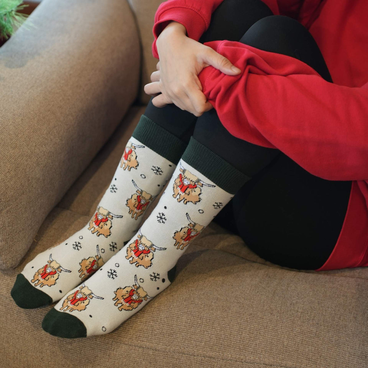 White Christmas highland cow socks