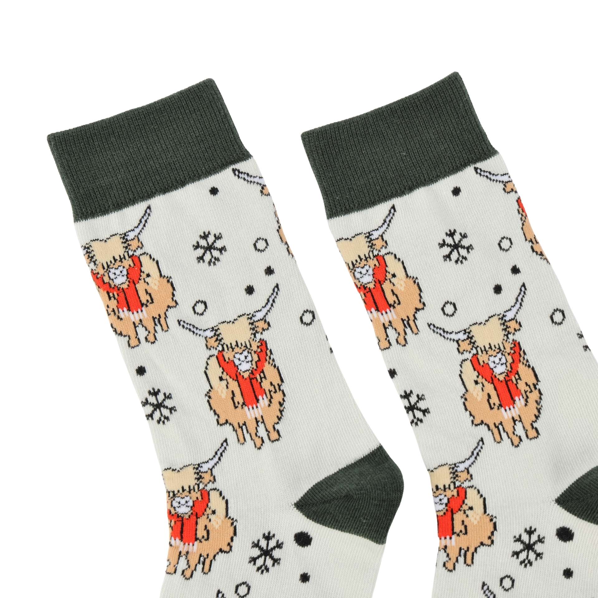Flat lays white Christmas highland cows