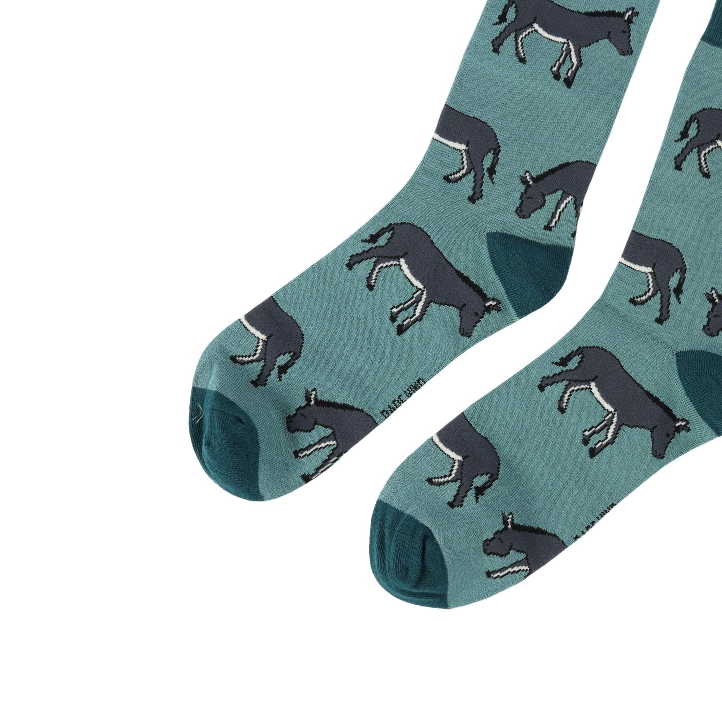 Pair of socks with donkey pattern on a white background