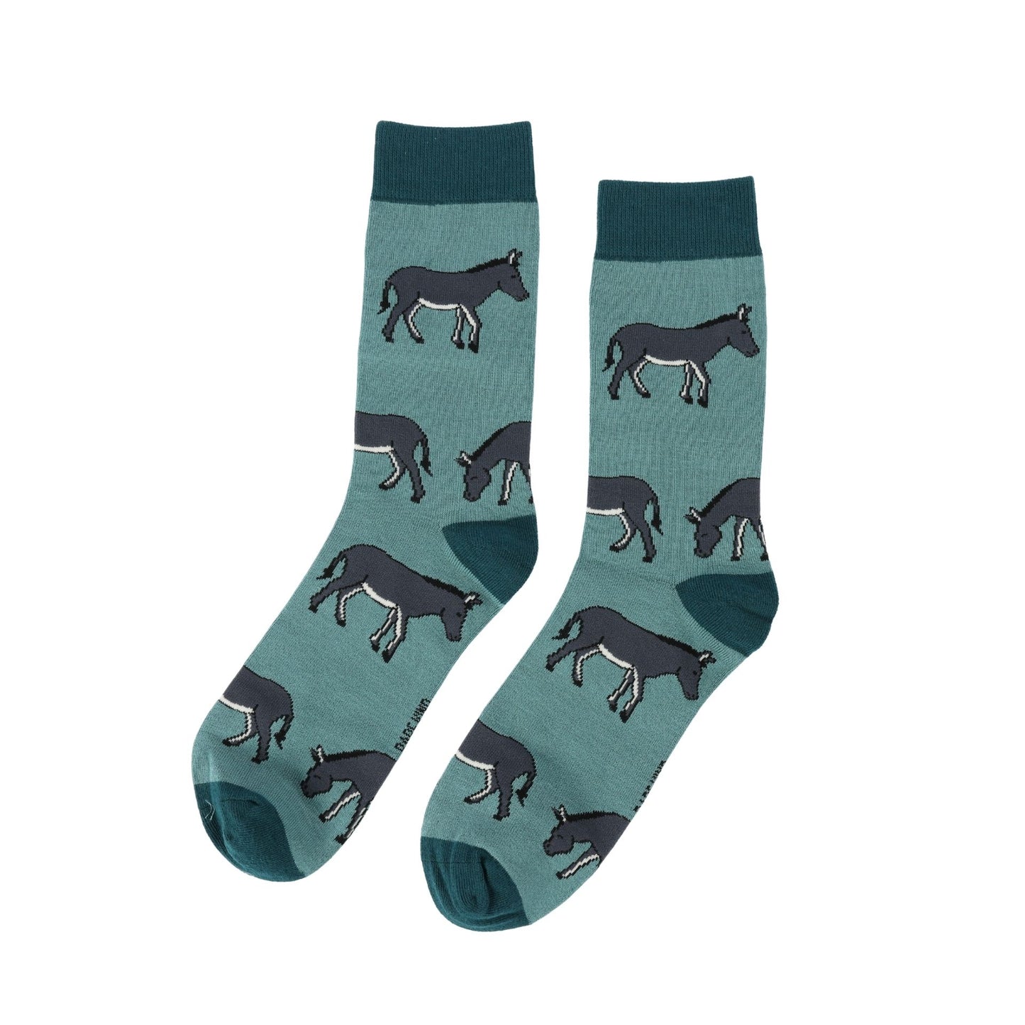 Pair of socks with donkey pattern on a white background