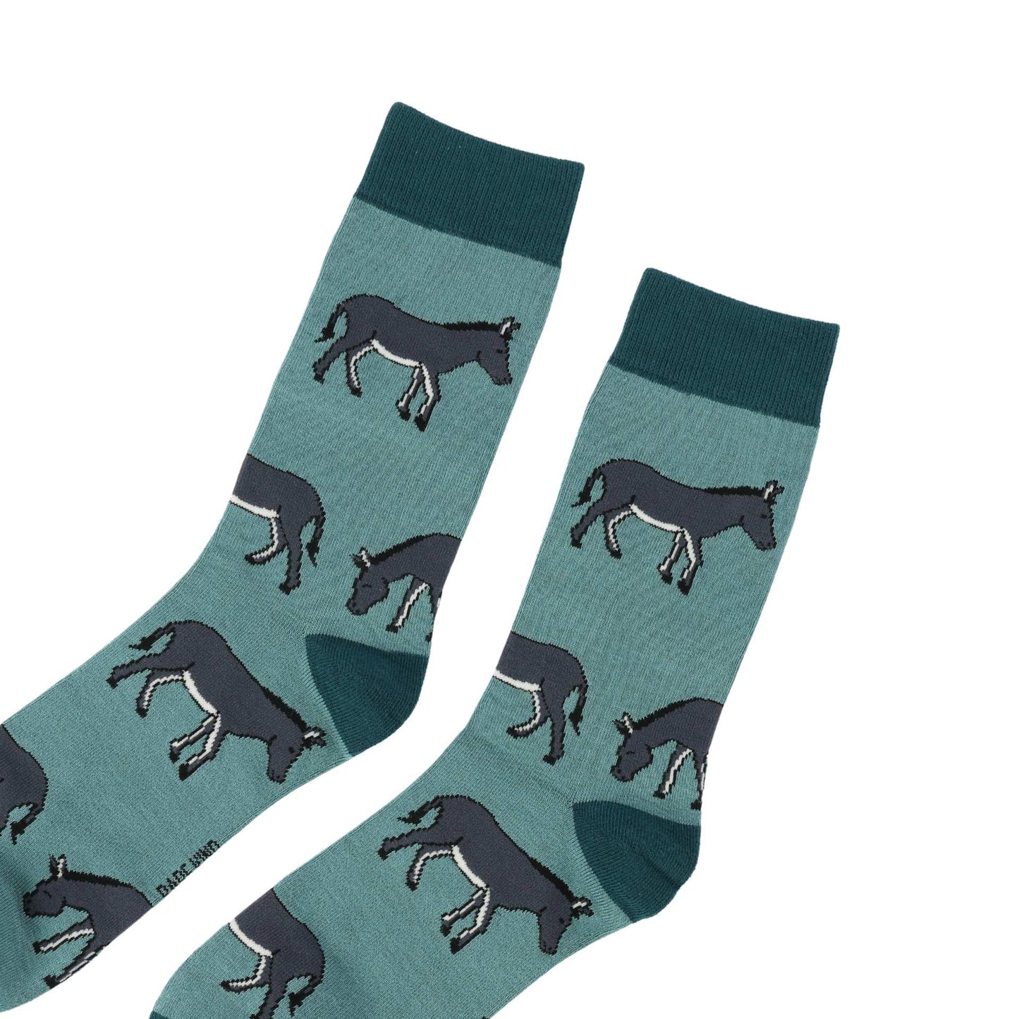 Pair of socks with donkey pattern on a white background