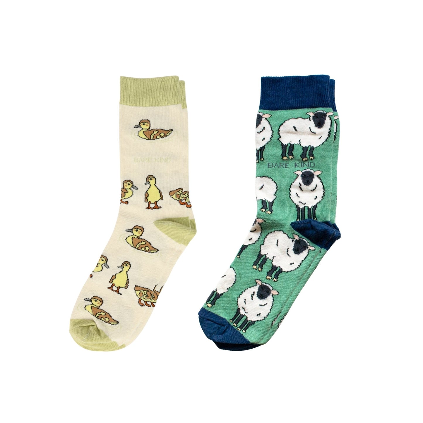 Two pairs of socks with animal patterns on a white background