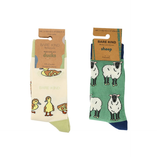 Two pairs of socks with animal designs on packaging labeled 'Bare Kind'.