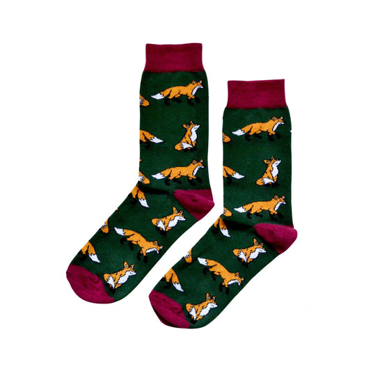 flat lay of dark green and maroon fox socks