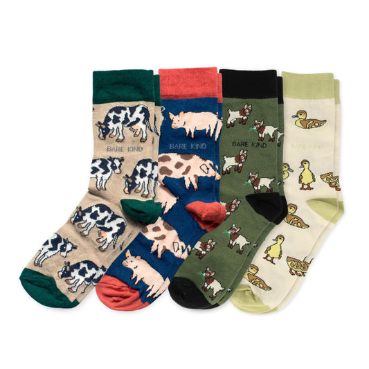 flat lays of cow, pig, goat, duckling bamboo socks