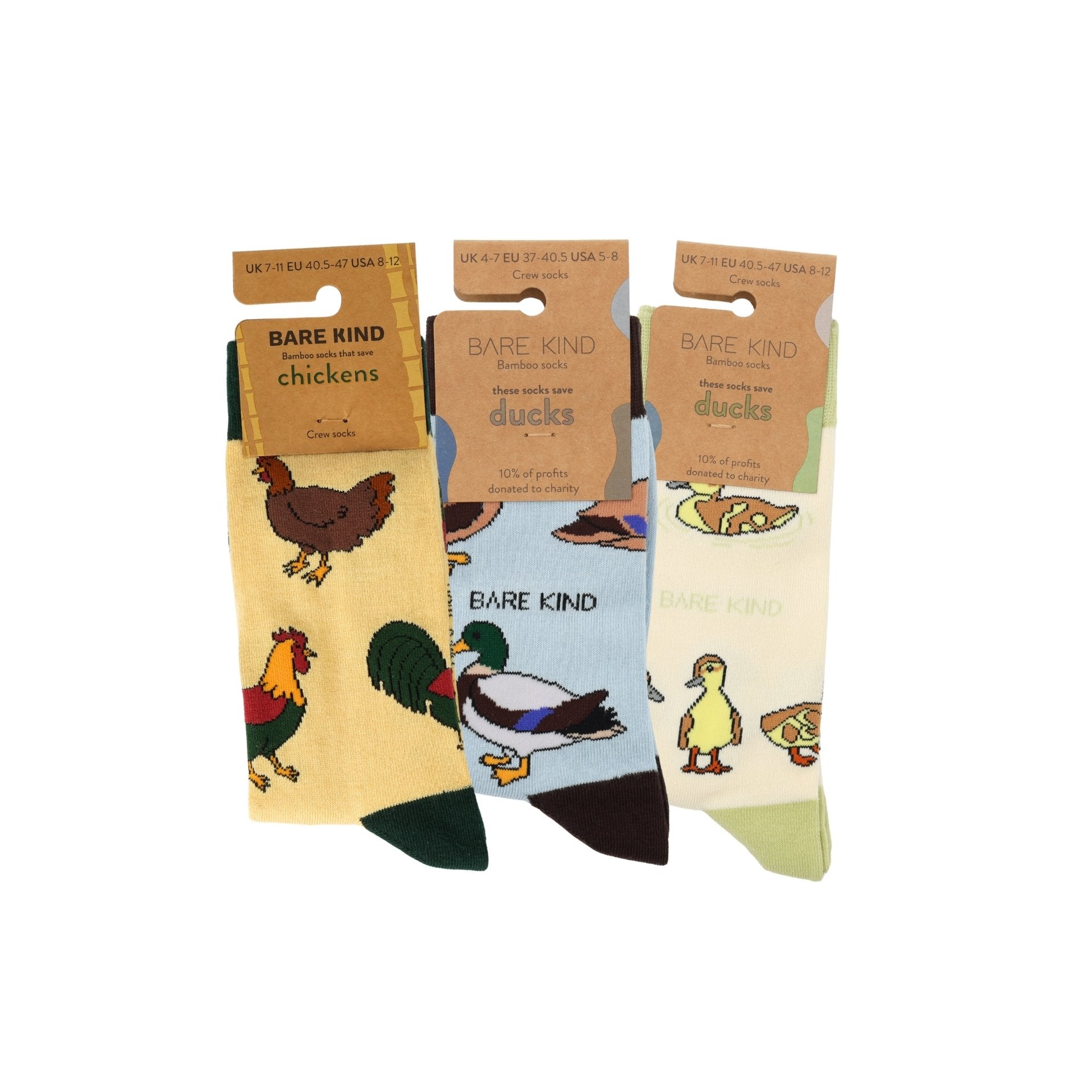 Three pairs of socks with animal illustrations and 'Bare Kind' packaging on a white background.
