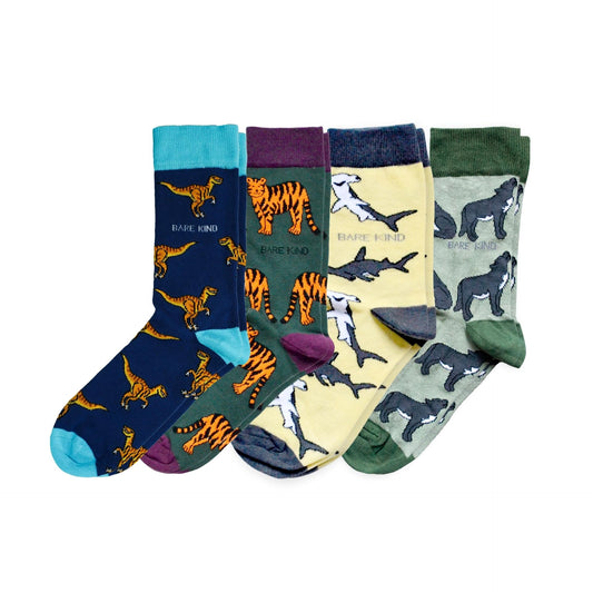 Set of four socks with animal patterns on a white background