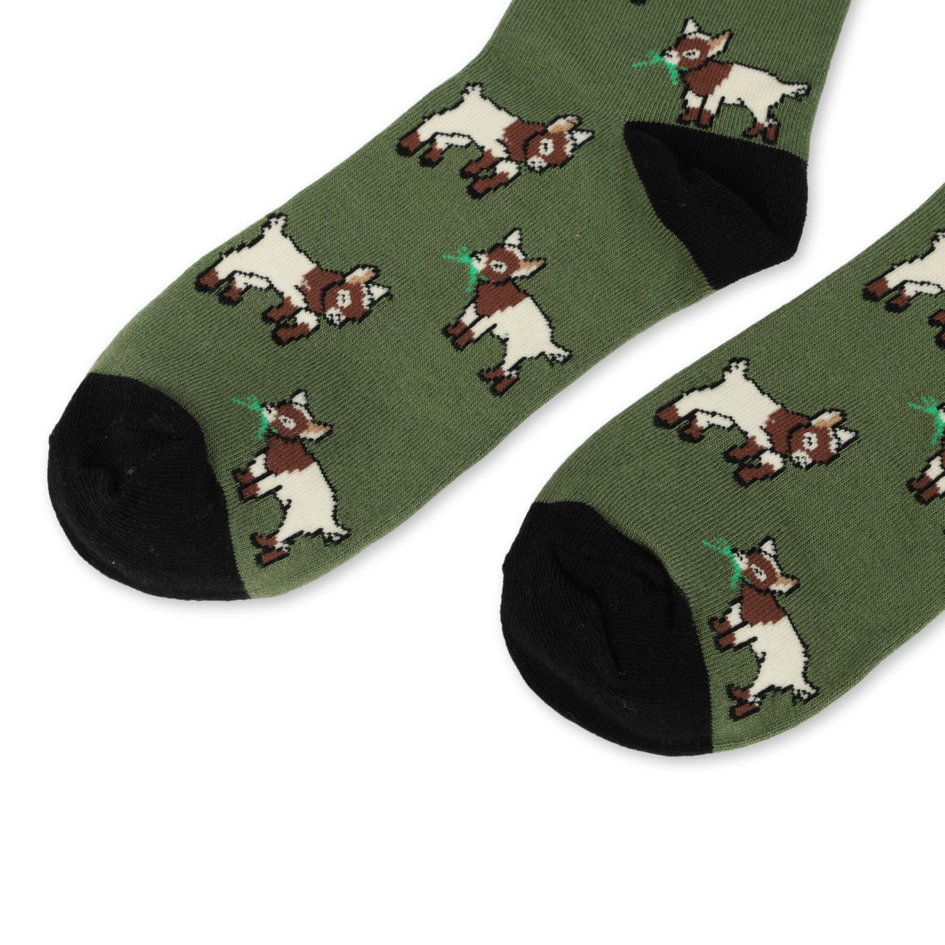 close up to green goats bamboo socks