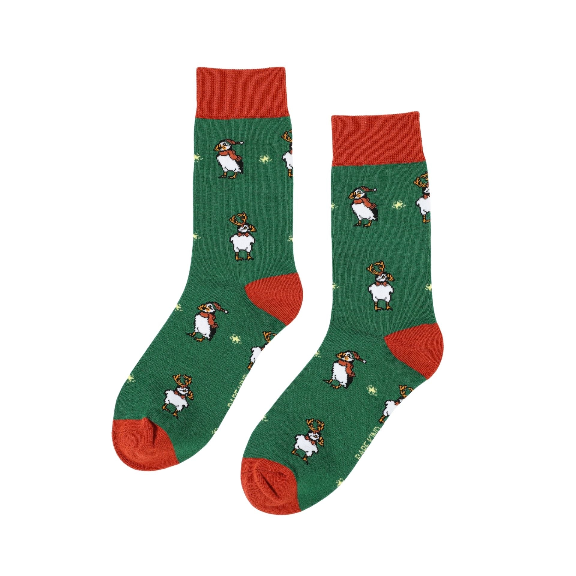 Green socks with red accents and puffin design on a white background