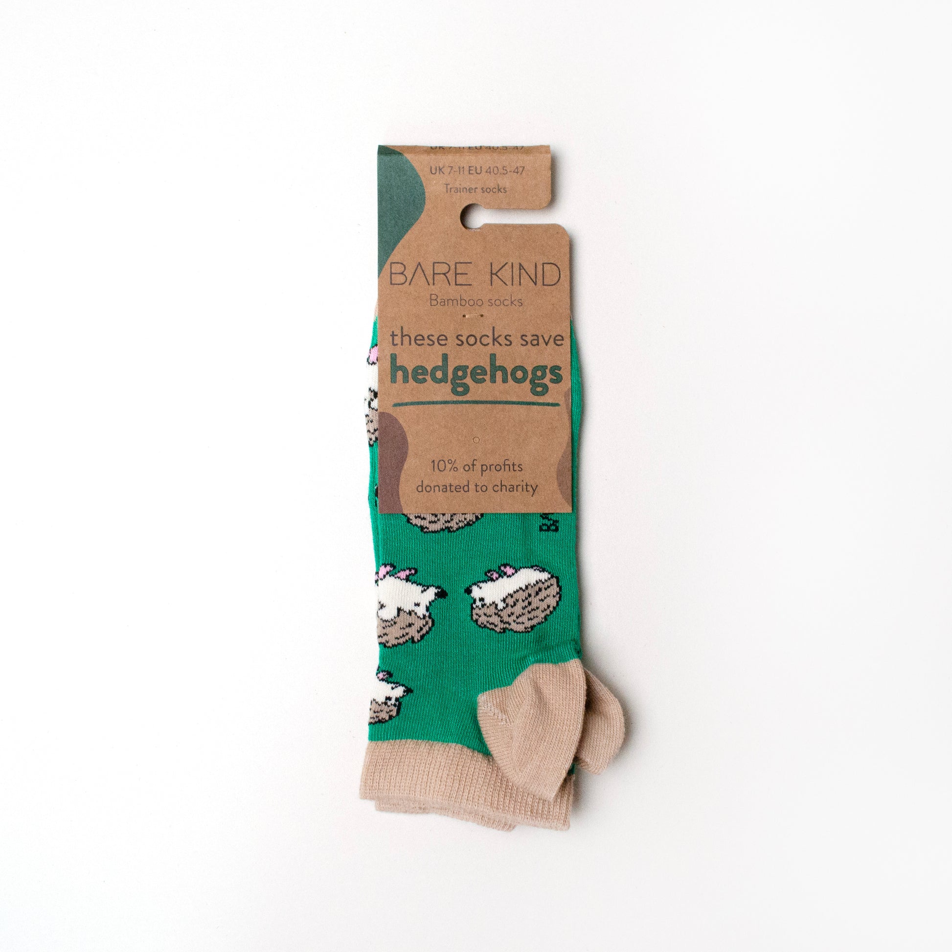 folded flat lay of green hedgehog trainer socks in 100% recyclable packaging