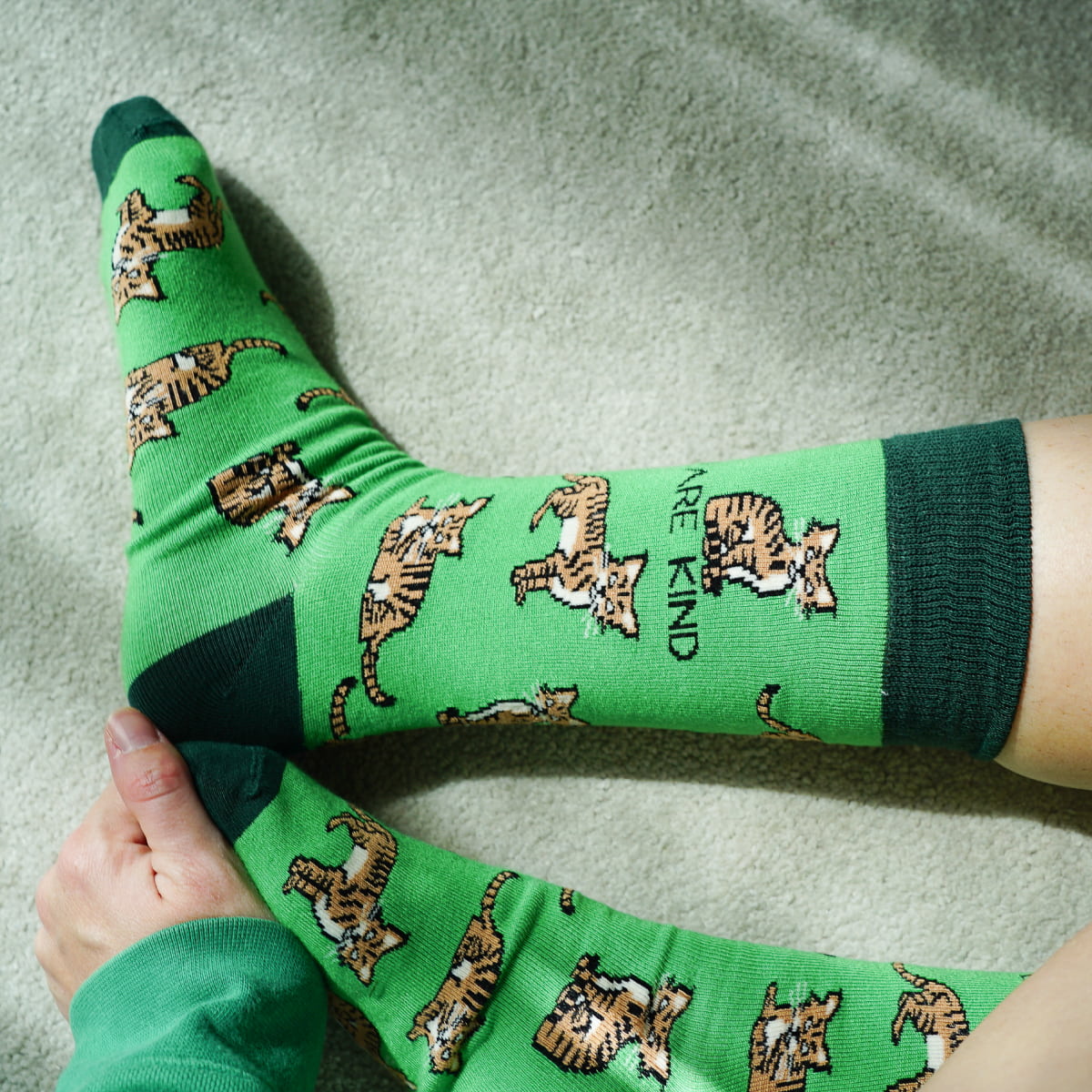 Model wearing highland wild cat bamboo socks