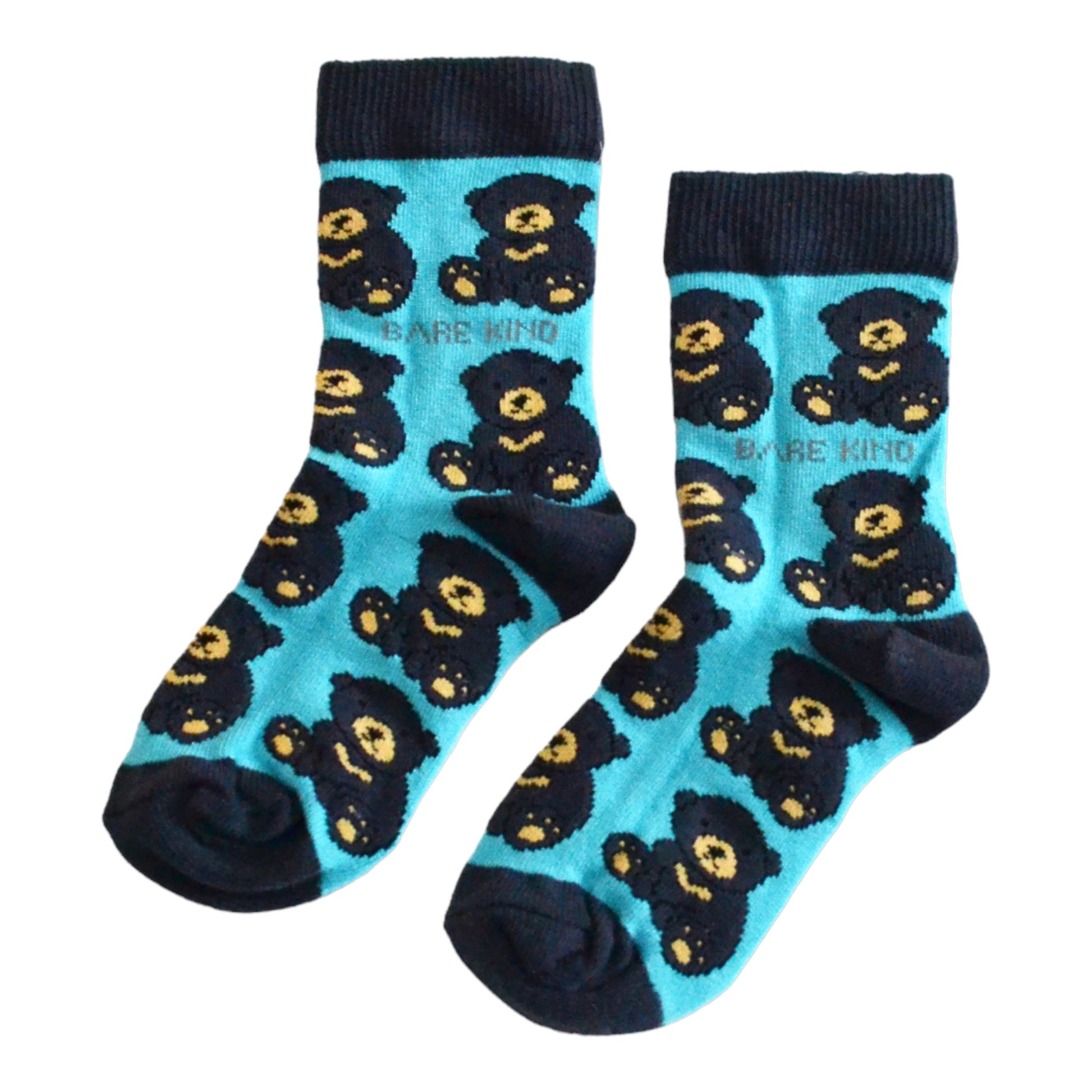 flat lay of blue sun bear bamboo socks for kids