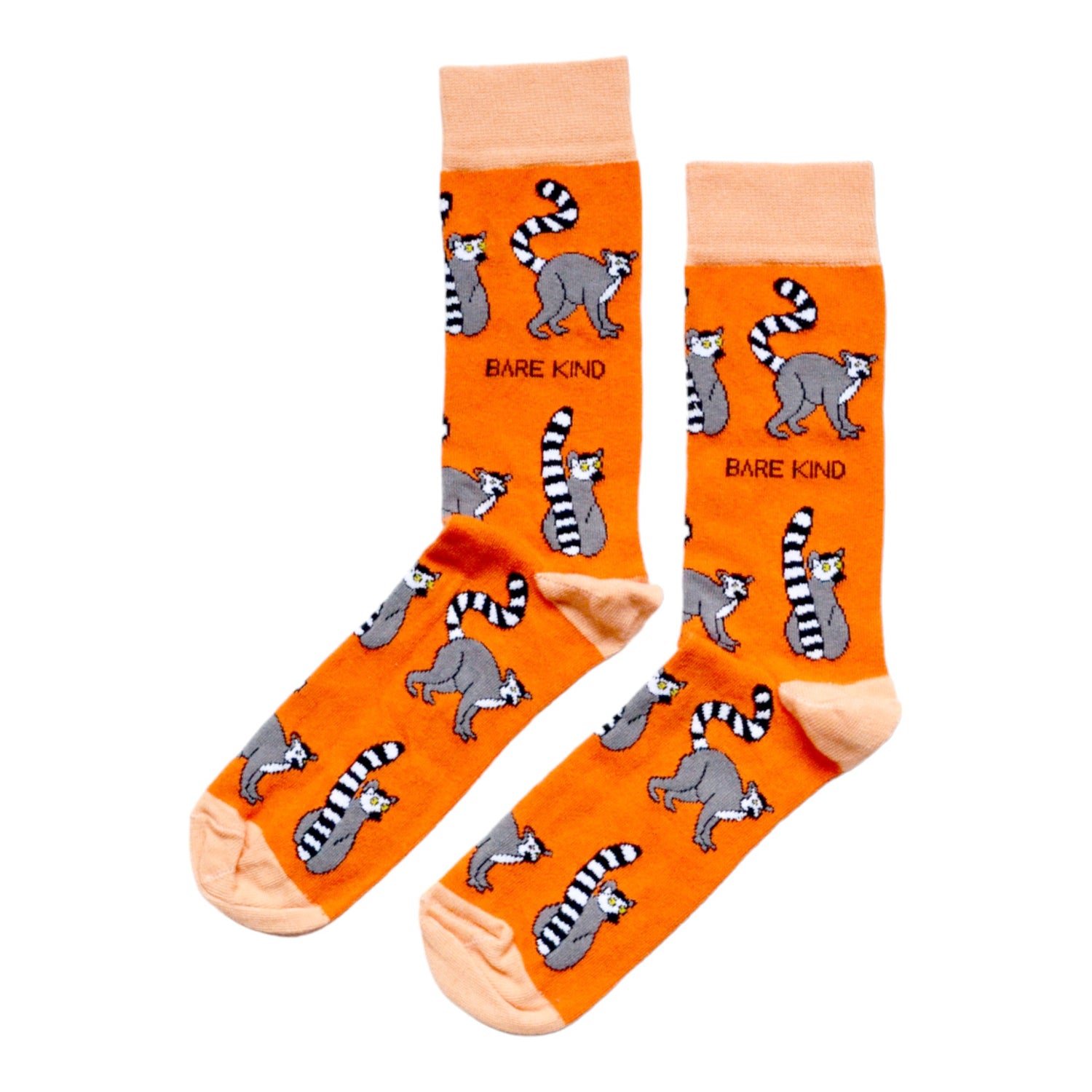 flat lat of orange lemur bamboo socks