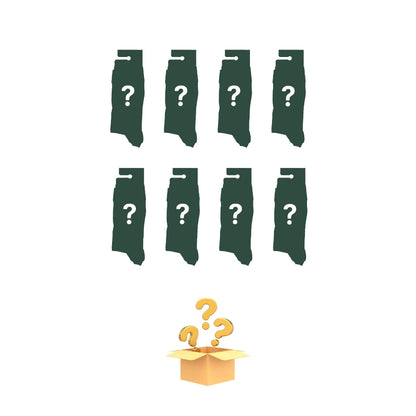 A mystery box listing graphic showing eight dark green silhouette shapes with white question marks above an open gold box with floating question marks on a white background.