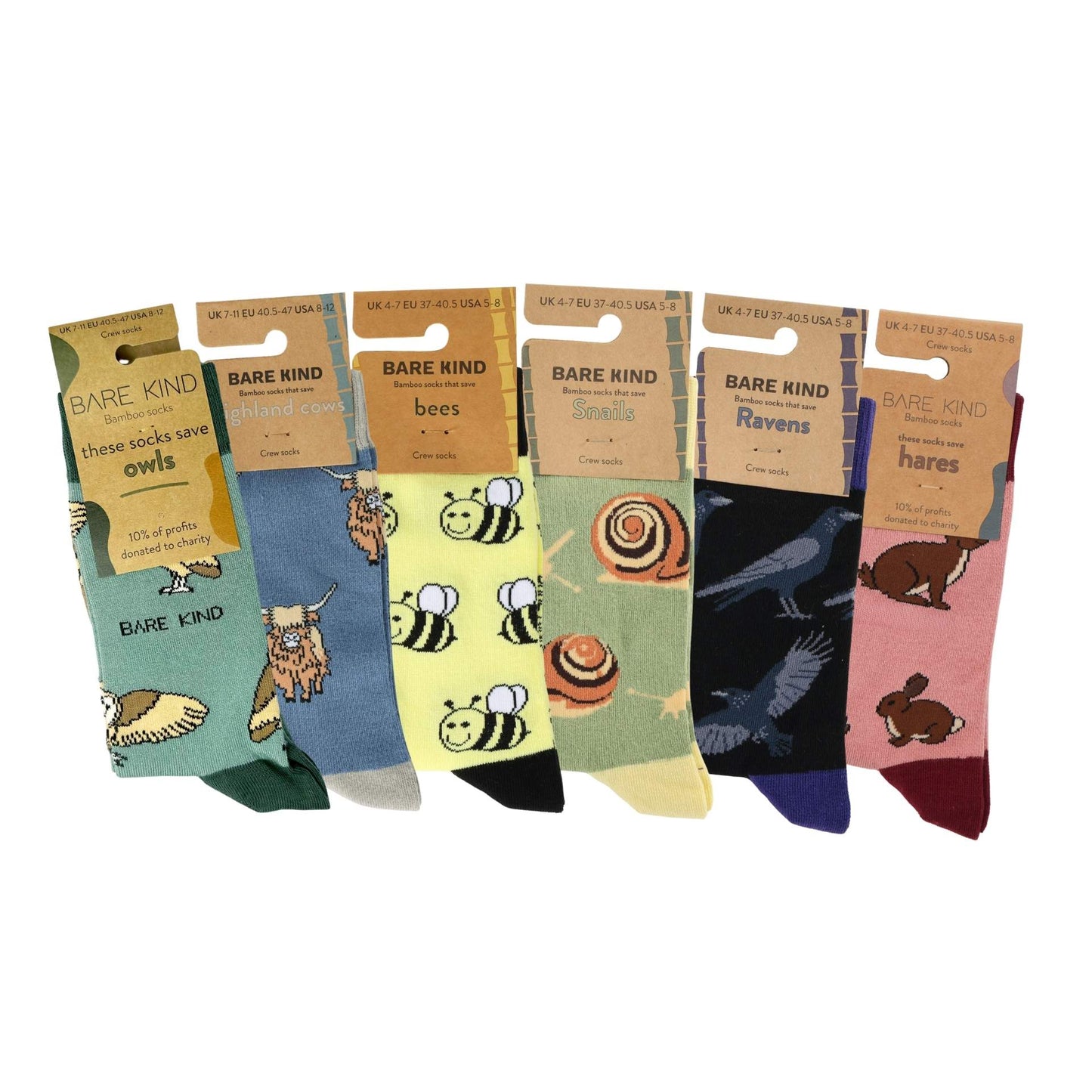 Set of colorful socks with animal illustrations and 'Bare Kind' packaging on a white background